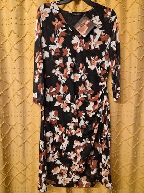 IMAN Black Floral Wrap-Style Dress in Rust & White